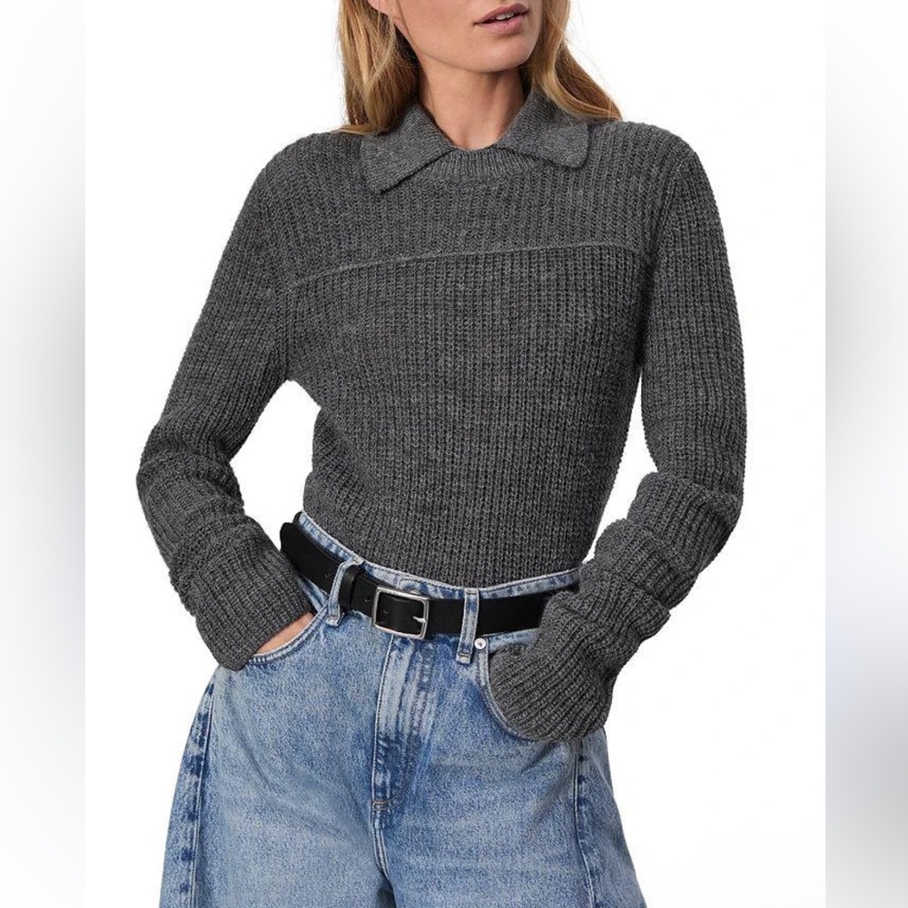 rag & bone Charcoal Gray Ribbed Knit Sweater with Polo Collar